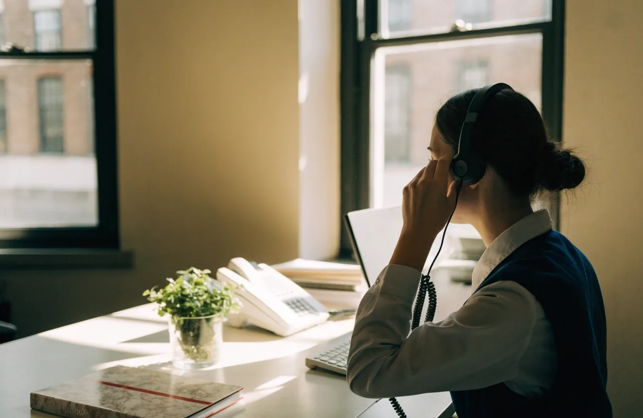 A quiet contact desk workstation with a phone, headset and card folders in an office