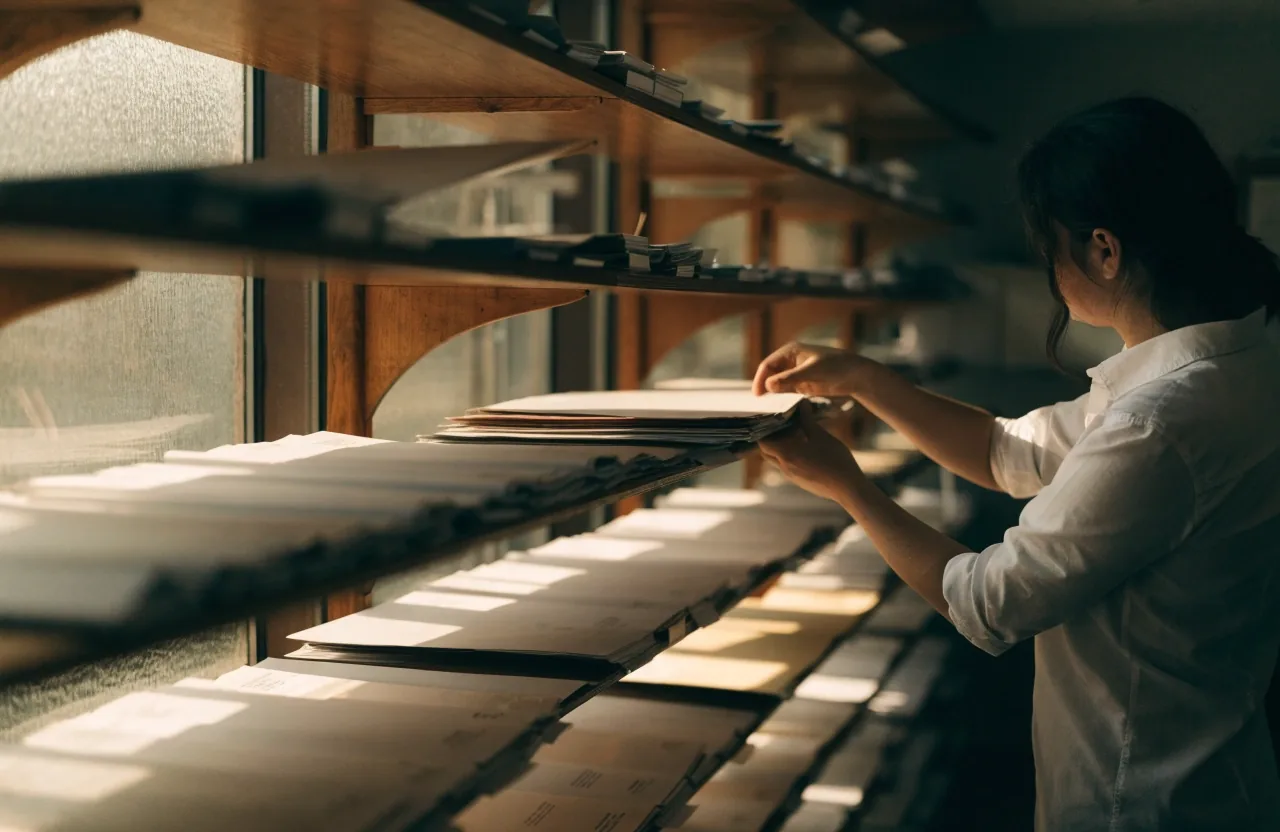 Hands sorting correspondence into ordered trays on an office sideboard