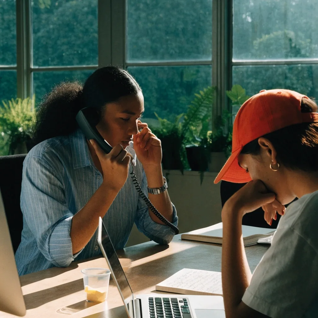 Two members of the Iskavéro Digital team handling calls and notes at the studio desk