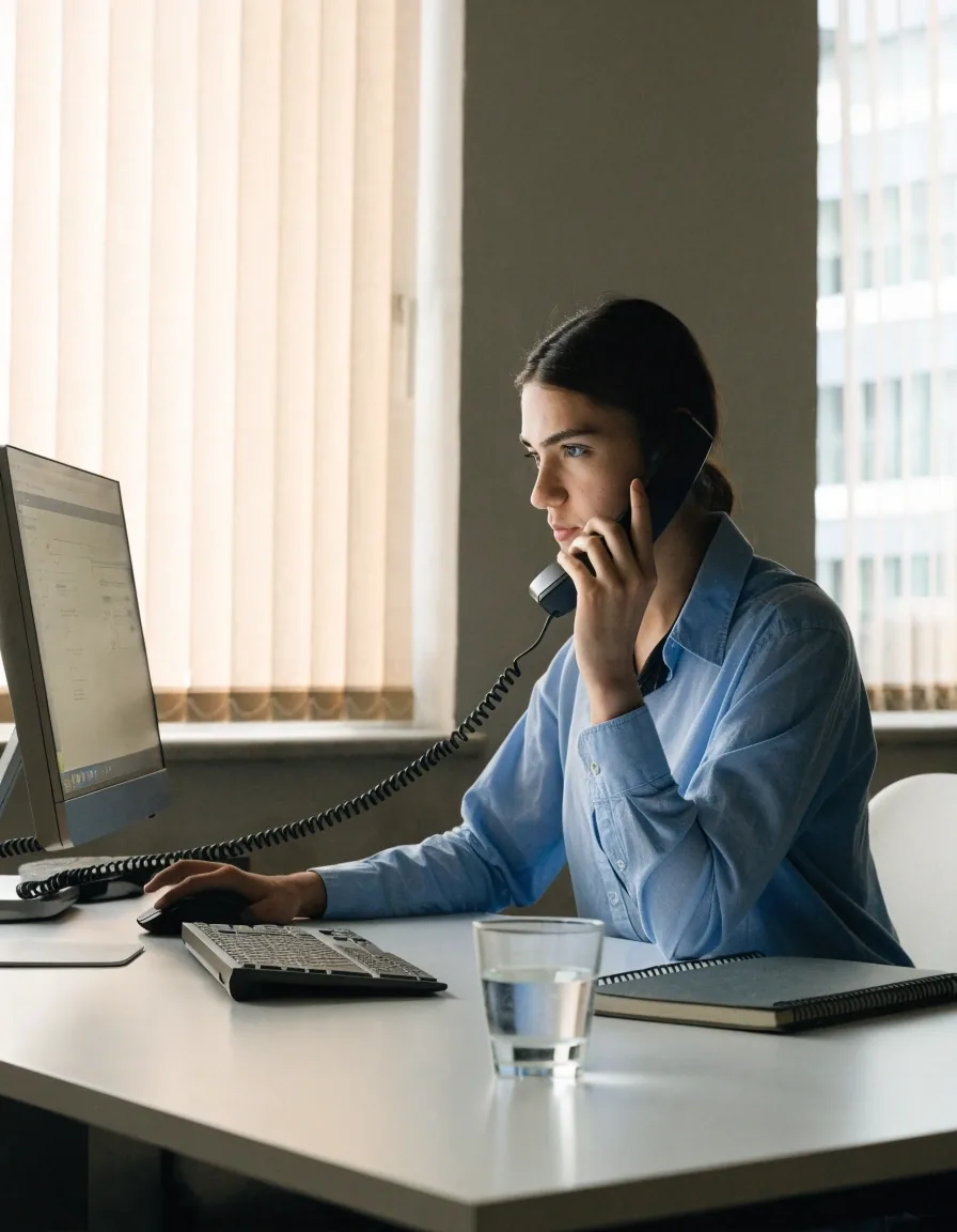 Desk phone, notebook and a mug of water on a pale worktop beside an office window