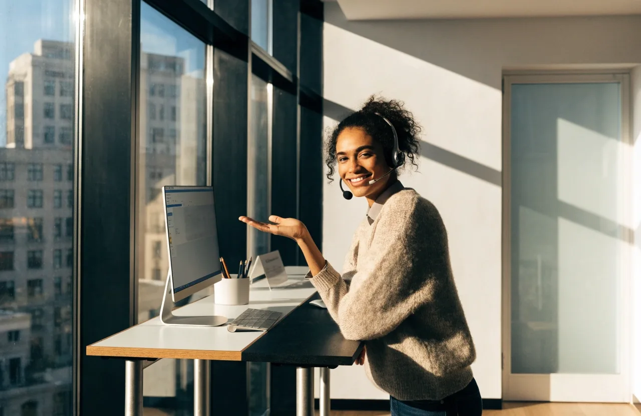 A person at a clean white office desk answering a phone call in daylight