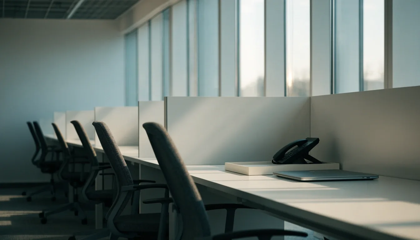 A quiet white office interior with empty desks at the end of the day