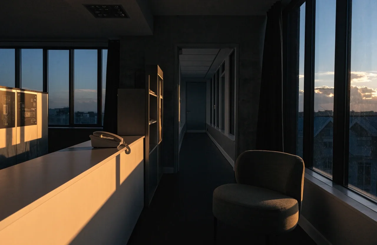 Lit reception counter with a landline handset and an empty chair at dusk