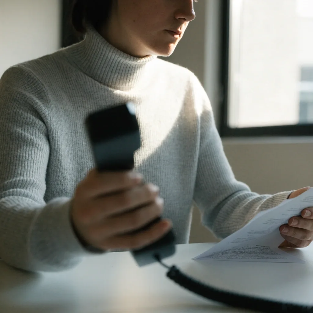 Person reviewing a printed privacy notice at a clean desk with a landline phone nearby