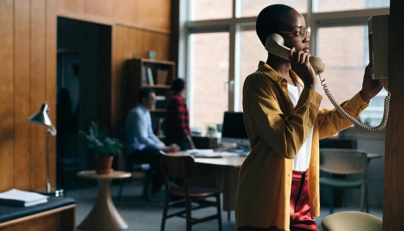 A team member at a bright office reception counter, ready to take incoming calls