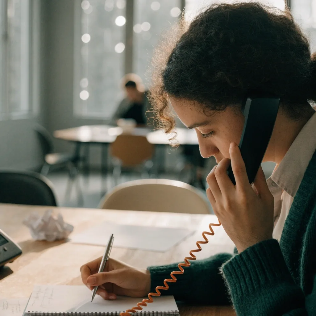 A team member answering an incoming inquiry on the desk phone