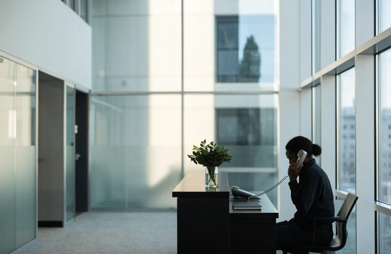 A quiet Iskavéro Digital office floor in Philadelphia with an empty desk and tall windows