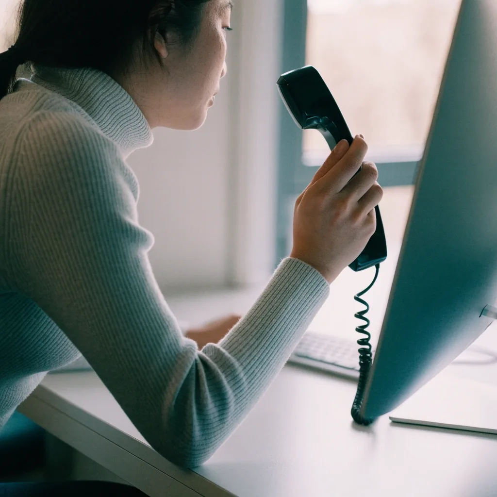 A support specialist working through incoming messages at a plain desk in cool daylight