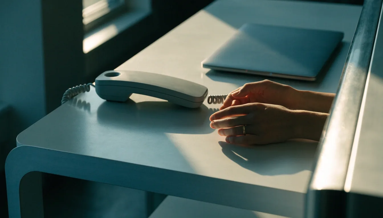 Iskavéro Digital workspace with a desk phone and a closed laptop on a pale work surface