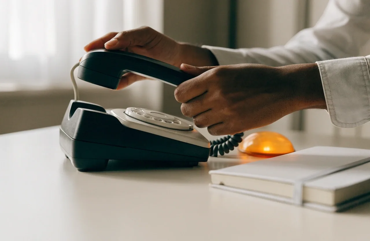 A support specialist's hands at a desk with a phone and status lamp nearby