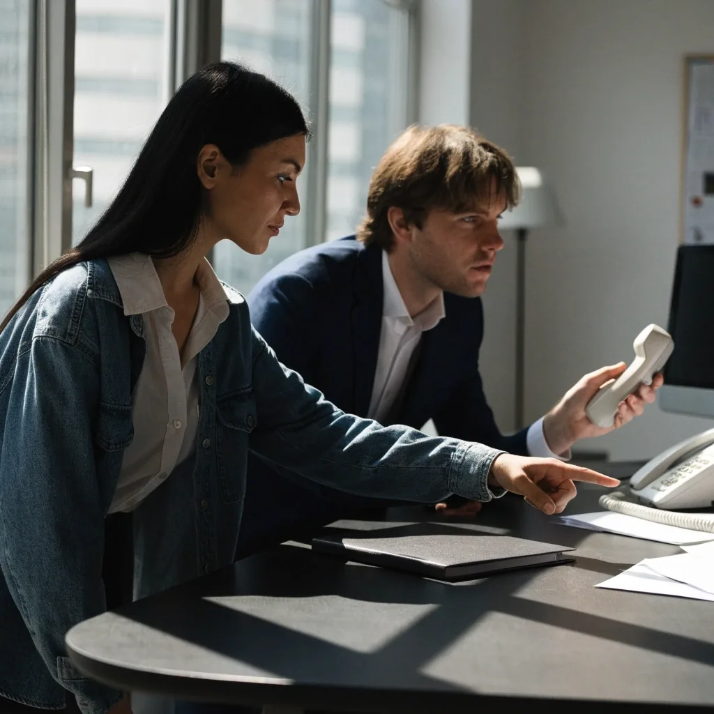 Two colleagues at a bright studio desk reviewing an incoming request together