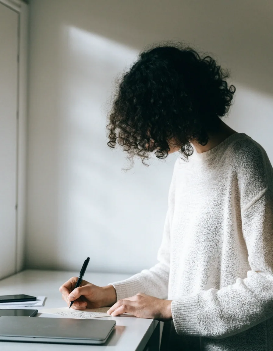 A person writing out a short note by hand at a white workbench beside a closed laptop and a phone lying face-down
